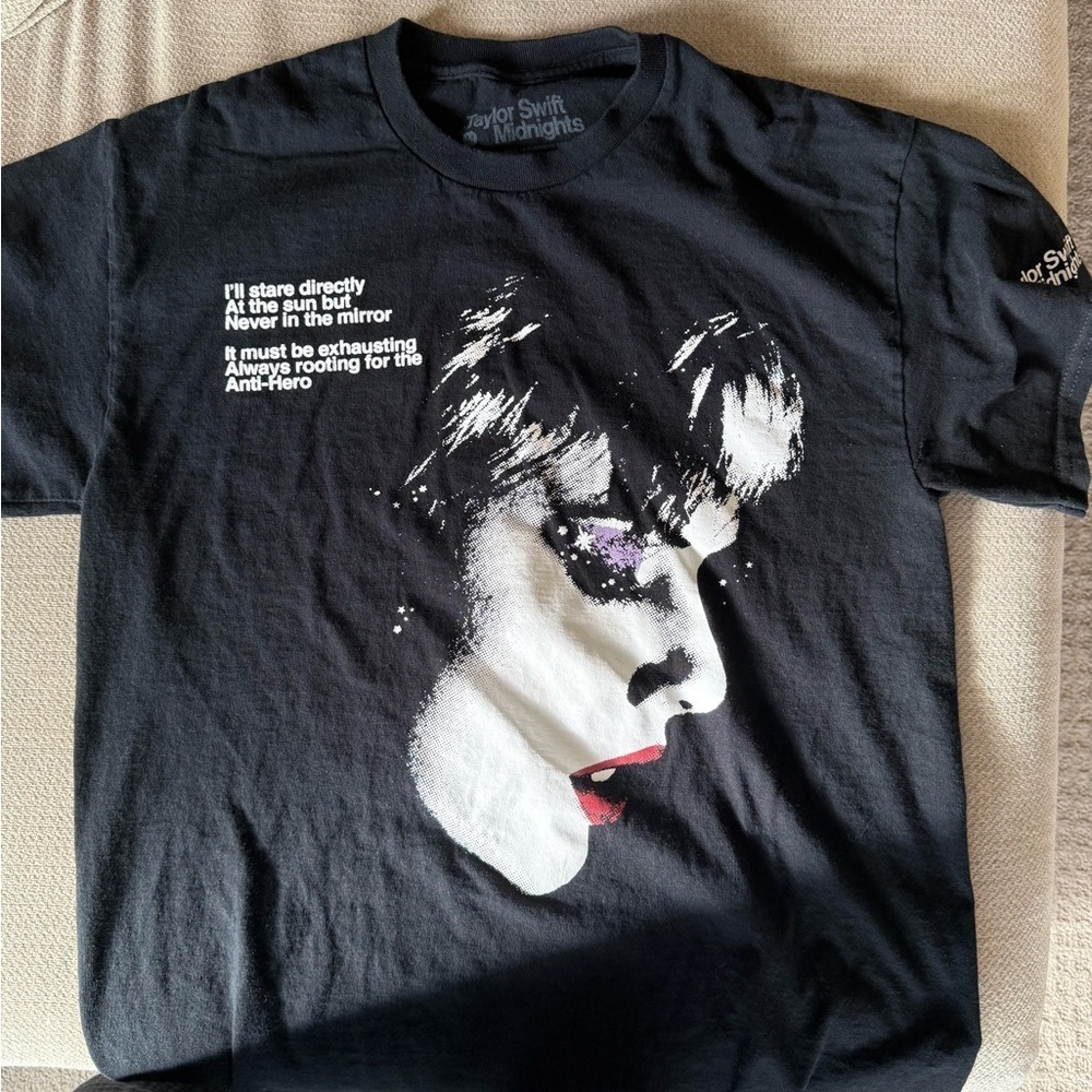 Taylor Swift Black Tee with White and Red midnights merch